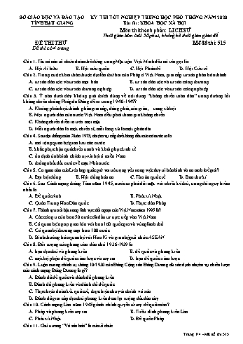 Đề thi thử Tốt nghiệp THPT môn Lịch sử năm 2020 - Mã đề: 515 - Sở GD&ĐT Hậu Giang (Kèm đáp án)