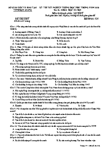 Đề thi thử Tốt nghiệp THPT môn Lịch sử năm 2020 - Mã đề: 516 - Sở GD&ĐT Hậu Giang (Kèm đáp án)