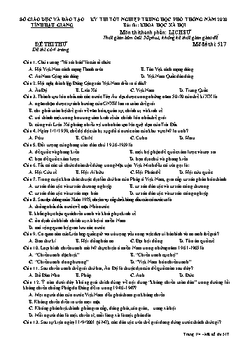 Đề thi thử Tốt nghiệp THPT môn Lịch sử năm 2020 - Mã đề: 517 - Sở GD&ĐT Hậu Giang (Kèm đáp án)