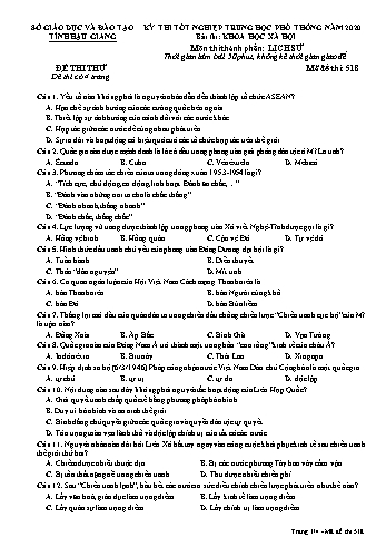 Đề thi thử Tốt nghiệp THPT môn Lịch sử năm 2020 - Mã đề: 518 - Sở GD&ĐT Hậu Giang (Kèm đáp án)
