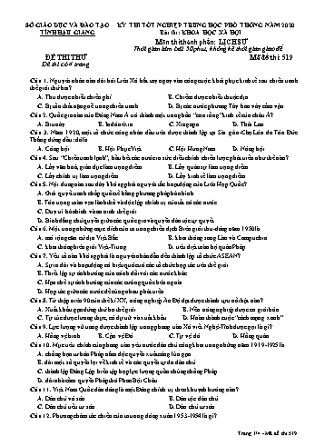 Đề thi thử Tốt nghiệp THPT môn Lịch sử năm 2020 - Mã đề: 519 - Sở GD&ĐT Hậu Giang (Kèm đáp án)