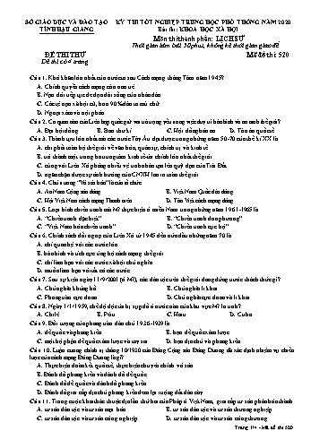 Đề thi thử Tốt nghiệp THPT môn Lịch sử năm 2020 - Mã đề: 520 - Sở GD&ĐT Hậu Giang (Kèm đáp án)