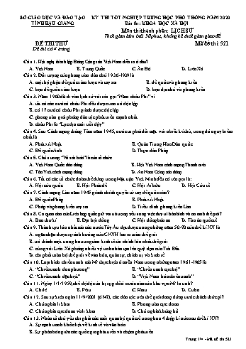 Đề thi thử Tốt nghiệp THPT môn Lịch sử năm 2020 - Mã đề: 521 - Sở GD&ĐT Hậu Giang (Kèm đáp án)