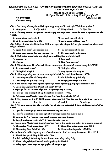 Đề thi thử Tốt nghiệp THPT môn Lịch sử năm 2020 - Mã đề: 522 - Sở GD&ĐT Hậu Giang (Kèm đáp án)