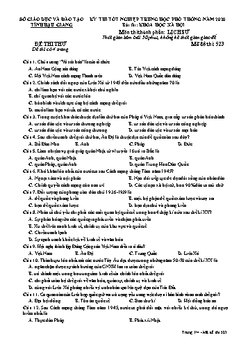 Đề thi thử Tốt nghiệp THPT môn Lịch sử năm 2020 - Mã đề: 523 - Sở GD&ĐT Hậu Giang (Kèm đáp án)