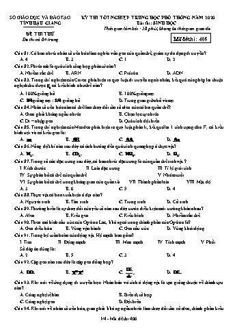 Đề thi thử Tốt nghiệp THPT môn Sinh học năm 2020 - Mã đề: 406 - Sở GD&ĐT Hậu Giang (Kèm đáp án)