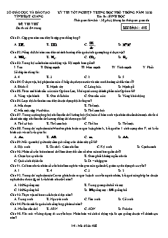 Đề thi thử Tốt nghiệp THPT môn Sinh học năm 2020 - Mã đề: 408 - Sở GD&ĐT Hậu Giang (Kèm đáp án)