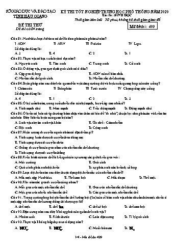 Đề thi thử Tốt nghiệp THPT môn Sinh học năm 2020 - Mã đề: 409 - Sở GD&ĐT Hậu Giang (Kèm đáp án)