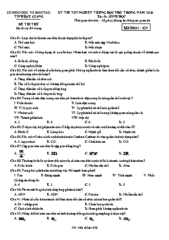 Đề thi thử Tốt nghiệp THPT môn Sinh học năm 2020 - Mã đề: 410 - Sở GD&ĐT Hậu Giang (Kèm đáp án)