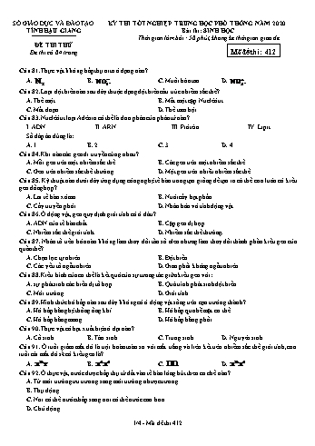 Đề thi thử Tốt nghiệp THPT môn Sinh học năm 2020 - Mã đề: 412 - Sở GD&ĐT Hậu Giang (Kèm đáp án)