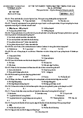Đề thi thử Tốt nghiệp THPT môn Sinh học năm 2020 - Mã đề: 414 - Sở GD&ĐT Hậu Giang (Kèm đáp án)