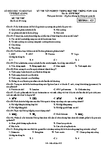 Đề thi thử Tốt nghiệp THPT môn Sinh học năm 2020 - Mã đề: 415 - Sở GD&ĐT Hậu Giang (Kèm đáp án)