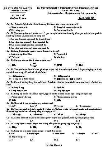 Đề thi thử Tốt nghiệp THPT môn Sinh học năm 2020 - Mã đề: 416 - Sở GD&ĐT Hậu Giang (Kèm đáp án)