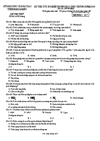 Đề thi thử Tốt nghiệp THPT môn Sinh học năm 2020 - Mã đề: 417 - Sở GD&ĐT Hậu Giang (Kèm đáp án)