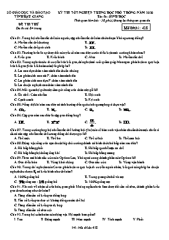 Đề thi thử Tốt nghiệp THPT môn Sinh học năm 2020 - Mã đề: 418 - Sở GD&ĐT Hậu Giang (Kèm đáp án)