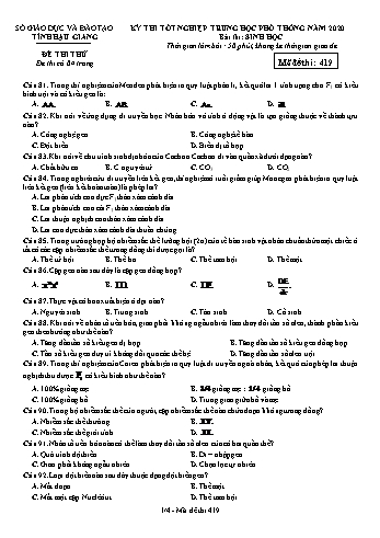 Đề thi thử Tốt nghiệp THPT môn Sinh học năm 2020 - Mã đề: 419 - Sở GD&ĐT Hậu Giang (Kèm đáp án)