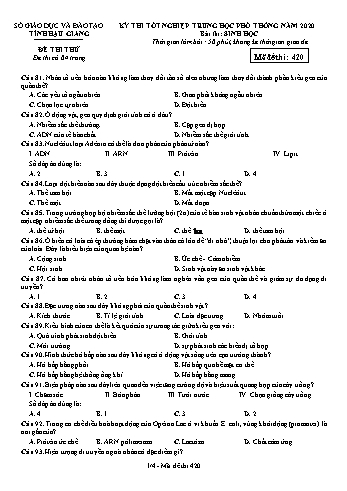 Đề thi thử Tốt nghiệp THPT môn Sinh học năm 2020 - Mã đề: 420 - Sở GD&ĐT Hậu Giang (Kèm đáp án)