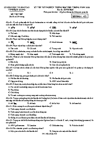 Đề thi thử Tốt nghiệp THPT môn Sinh học năm 2020 - Mã đề: 421 - Sở GD&ĐT Hậu Giang (Kèm đáp án)