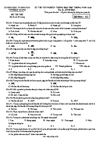 Đề thi thử Tốt nghiệp THPT môn Sinh học năm 2020 - Mã đề: 422 - Sở GD&ĐT Hậu Giang (Kèm đáp án)