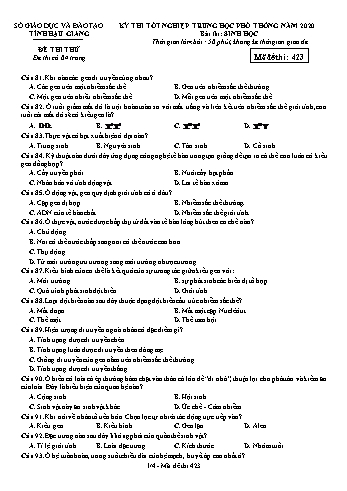Đề thi thử Tốt nghiệp THPT môn Sinh học năm 2020 - Mã đề: 423 - Sở GD&ĐT Hậu Giang (Kèm đáp án)