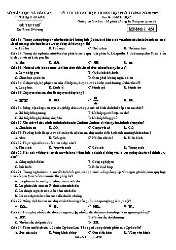Đề thi thử Tốt nghiệp THPT môn Sinh học năm 2020 - Mã đề: 424 - Sở GD&ĐT Hậu Giang (Kèm đáp án)