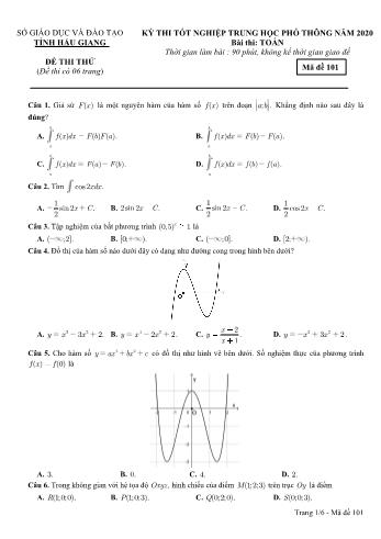 Đề thi thử Tốt nghiệp THPT môn Toán năm 2020 - Mã đề: 101 - Sở GD&ĐT Hậu Giang (Kèm đáp án)