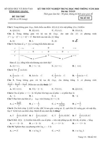 Đề thi thử Tốt nghiệp THPT môn Toán năm 2020 - Mã đề: 102 - Sở GD&ĐT Hậu Giang (Kèm đáp án)
