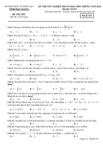 Đề thi thử Tốt nghiệp THPT môn Toán năm 2020 - Mã đề: 103 - Sở GD&ĐT Hậu Giang (Kèm đáp án)