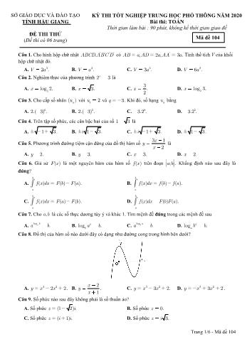 Đề thi thử Tốt nghiệp THPT môn Toán năm 2020 - Mã đề: 104 - Sở GD&ĐT Hậu Giang (Kèm đáp án)
