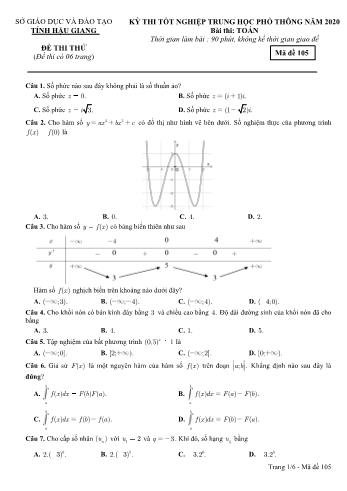 Đề thi thử Tốt nghiệp THPT môn Toán năm 2020 - Mã đề: 105 - Sở GD&ĐT Hậu Giang (Kèm đáp án)