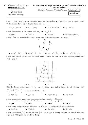 Đề thi thử Tốt nghiệp THPT môn Toán năm 2020 - Mã đề: 106 - Sở GD&ĐT Hậu Giang (Kèm đáp án)