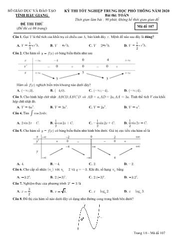 Đề thi thử Tốt nghiệp THPT môn Toán năm 2020 - Mã đề: 107 - Sở GD&ĐT Hậu Giang (Kèm đáp án)
