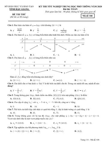 Đề thi thử Tốt nghiệp THPT môn Toán năm 2020 - Mã đề: 108 - Sở GD&ĐT Hậu Giang (Kèm đáp án)