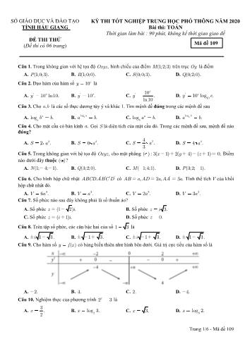 Đề thi thử Tốt nghiệp THPT môn Toán năm 2020 - Mã đề: 109 - Sở GD&ĐT Hậu Giang (Kèm đáp án)