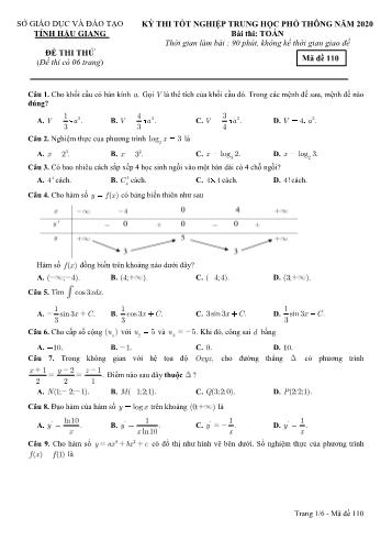 Đề thi thử Tốt nghiệp THPT môn Toán năm 2020 - Mã đề: 110 - Sở GD&ĐT Hậu Giang (Kèm đáp án)