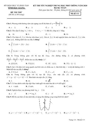 Đề thi thử Tốt nghiệp THPT môn Toán năm 2020 - Mã đề: 111 - Sở GD&ĐT Hậu Giang (Kèm đáp án)