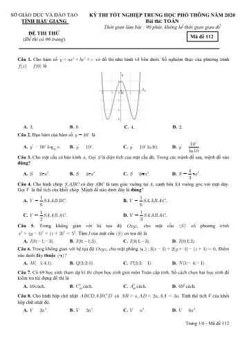 Đề thi thử Tốt nghiệp THPT môn Toán năm 2020 - Mã đề: 112 - Sở GD&ĐT Hậu Giang (Kèm đáp án)