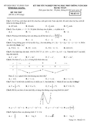 Đề thi thử Tốt nghiệp THPT môn Toán năm 2020 - Mã đề: 113 - Sở GD&ĐT Hậu Giang (Kèm đáp án)
