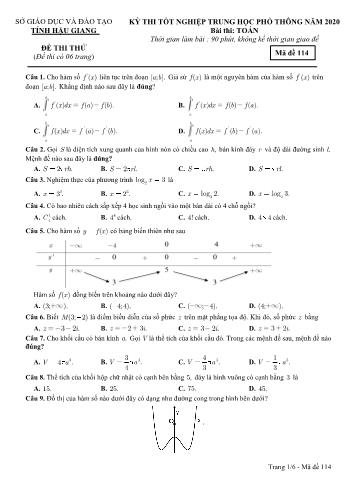 Đề thi thử Tốt nghiệp THPT môn Toán năm 2020 - Mã đề: 114 - Sở GD&ĐT Hậu Giang (Kèm đáp án)
