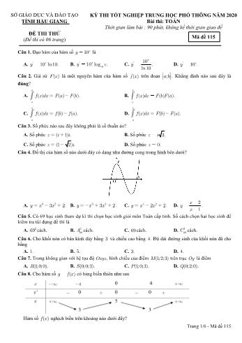 Đề thi thử Tốt nghiệp THPT môn Toán năm 2020 - Mã đề: 115 - Sở GD&ĐT Hậu Giang (Kèm đáp án)