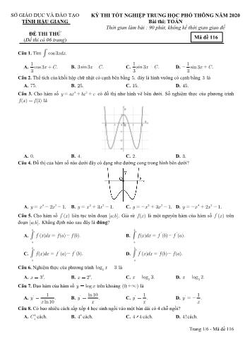 Đề thi thử Tốt nghiệp THPT môn Toán năm 2020 - Mã đề: 116 - Sở GD&ĐT Hậu Giang (Kèm đáp án)