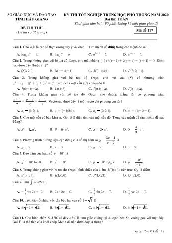 Đề thi thử Tốt nghiệp THPT môn Toán năm 2020 - Mã đề: 117 - Sở GD&ĐT Hậu Giang (Kèm đáp án)