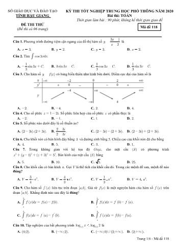 Đề thi thử Tốt nghiệp THPT môn Toán năm 2020 - Mã đề: 118 - Sở GD&ĐT Hậu Giang (Kèm đáp án)