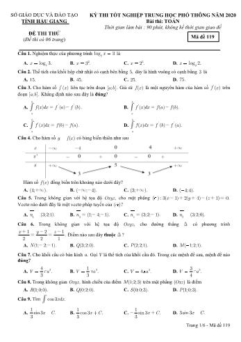Đề thi thử Tốt nghiệp THPT môn Toán năm 2020 - Mã đề: 119 - Sở GD&ĐT Hậu Giang (Kèm đáp án)