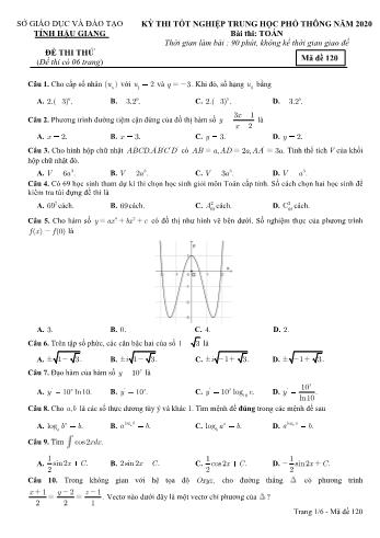 Đề thi thử Tốt nghiệp THPT môn Toán năm 2020 - Mã đề: 120 - Sở GD&ĐT Hậu Giang (Kèm đáp án)