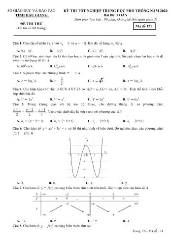 Đề thi thử Tốt nghiệp THPT môn Toán năm 2020 - Mã đề: 121 - Sở GD&ĐT Hậu Giang (Kèm đáp án)