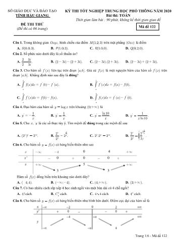 Đề thi thử Tốt nghiệp THPT môn Toán năm 2020 - Mã đề: 122 - Sở GD&ĐT Hậu Giang (Kèm đáp án)