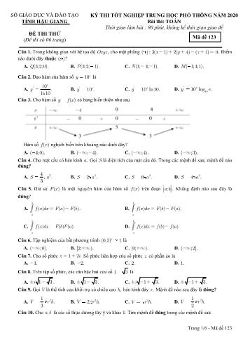 Đề thi thử Tốt nghiệp THPT môn Toán năm 2020 - Mã đề: 123 - Sở GD&ĐT Hậu Giang (Kèm đáp án)