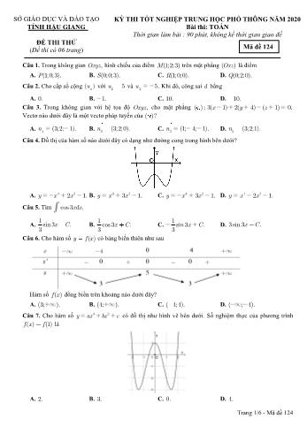 Đề thi thử Tốt nghiệp THPT môn Toán năm 2020 - Mã đề: 124 - Sở GD&ĐT Hậu Giang (Kèm đáp án)