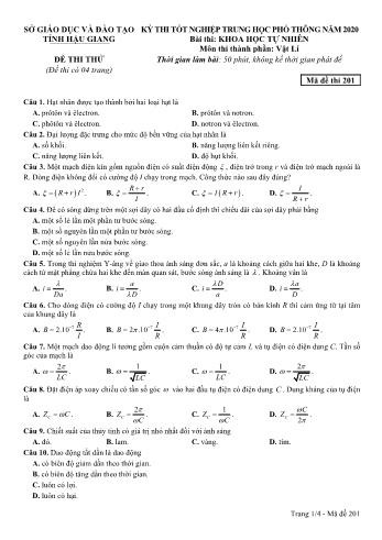 Đề thi thử Tốt nghiệp THPT môn Vật lý năm 2020 - Mã đề: 201 - Sở GD&ĐT Hậu Giang (Kèm đáp án)